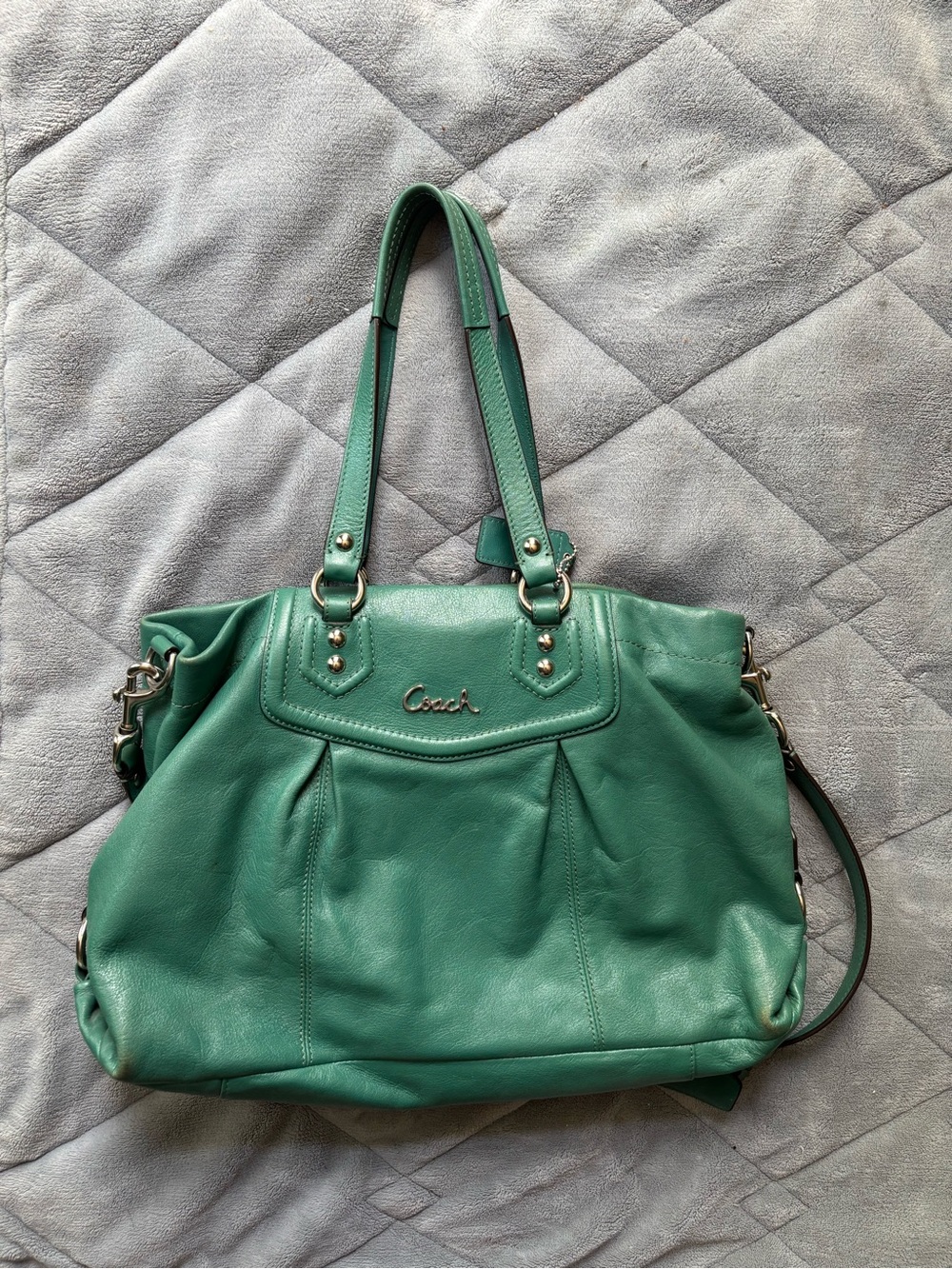 Coach Teal Green Leather Shoulder Bag with Double Straps
